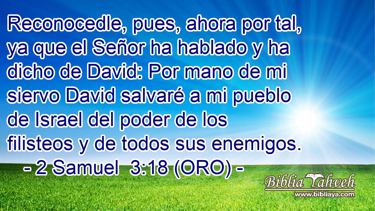  Reconocedle, pues, ahora por tal, ya que el Señor ha hablado y ha dicho de David: Por mano de mi siervo David salvaré a mi pueblo de Israel del poder de los filisteos y de todos sus enemigos. 