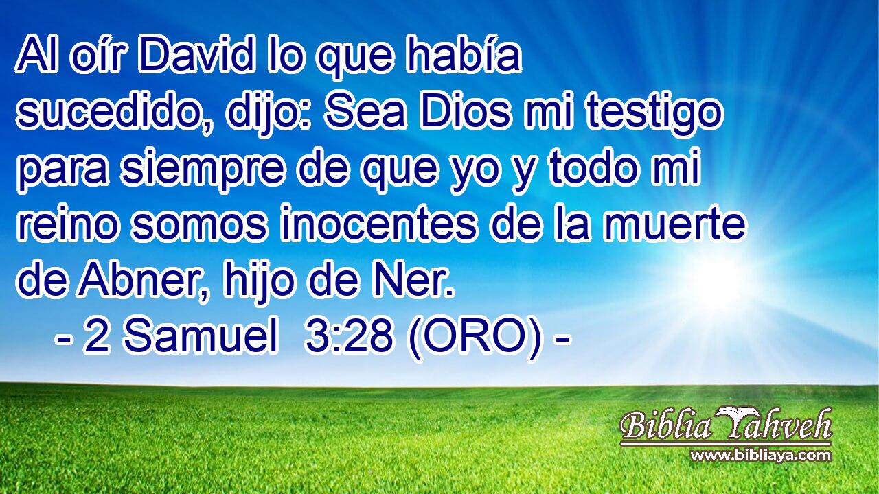  Al oír David lo que había sucedido, dijo: Sea Dios mi testigo para siempre de que yo y todo mi reino somos inocentes de la muerte de Abner, hijo de Ner. 