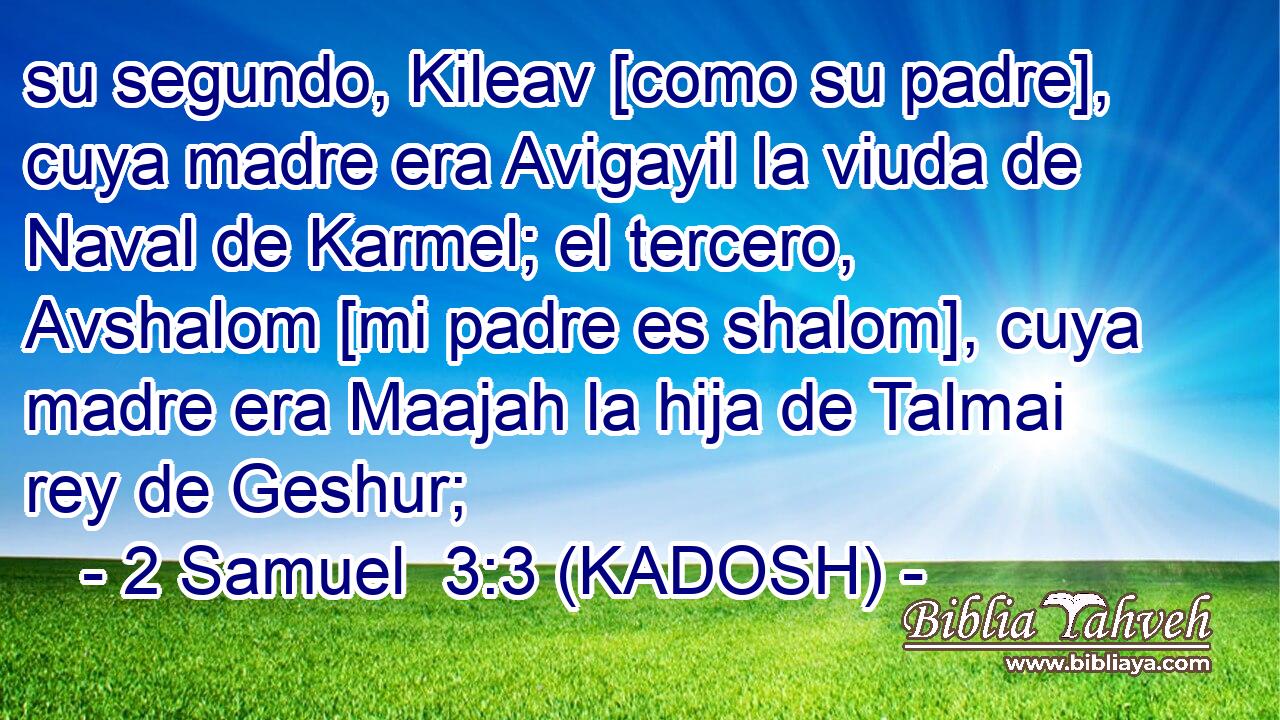  su segundo, Kileav [como su padre], cuya madre era Avigayil la viuda de Naval de Karmel; el tercero, Avshalom [mi padre es shalom], cuya madre era Maajah la hija de Talmai rey de Geshur; 