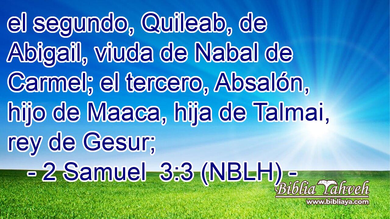  el segundo, Quileab, de Abigail, viuda de Nabal de Carmel; el tercero, Absalón, hijo de Maaca, hija de Talmai, rey de Gesur; 