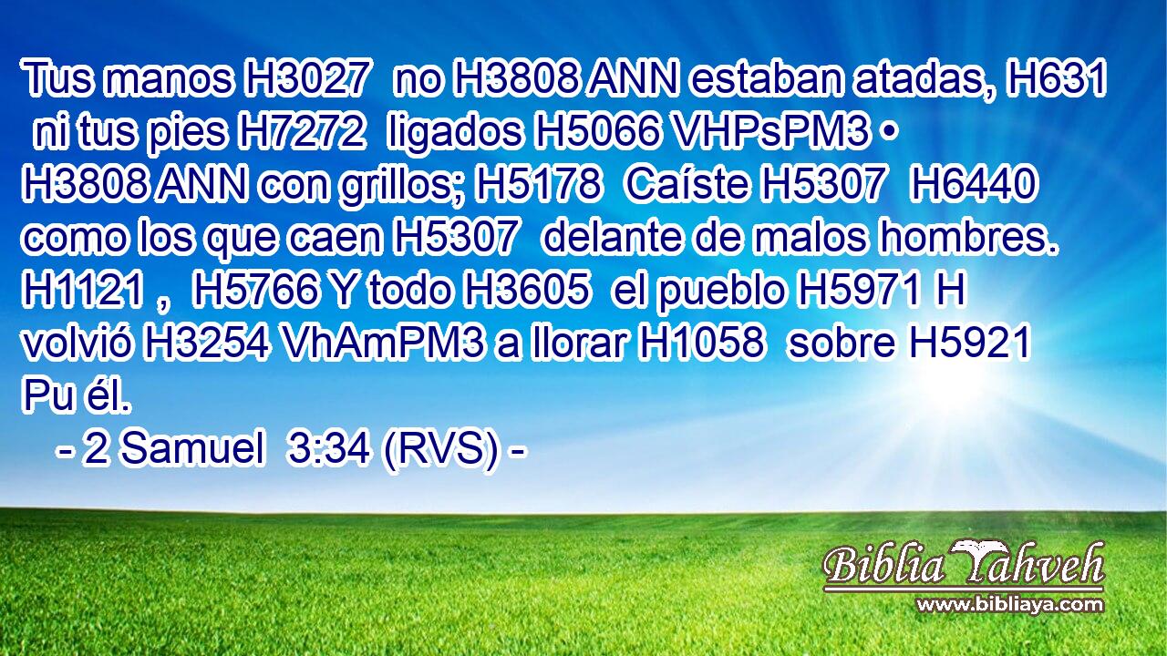 Tus manos H3027  no H3808 ANN estaban atadas, H631  ni tus pies H7272  ligados H5066 VHPsPM3 • H3808 ANN con grillos; H5178  Caíste H5307  H6440 como los que caen H5307  delante de malos hombres. H1121 ,  H5766 Y todo H3605  el pueblo H5971 H volvió H3254 VhAmPM3 a llorar H1058  sobre H5921 Pu él. 