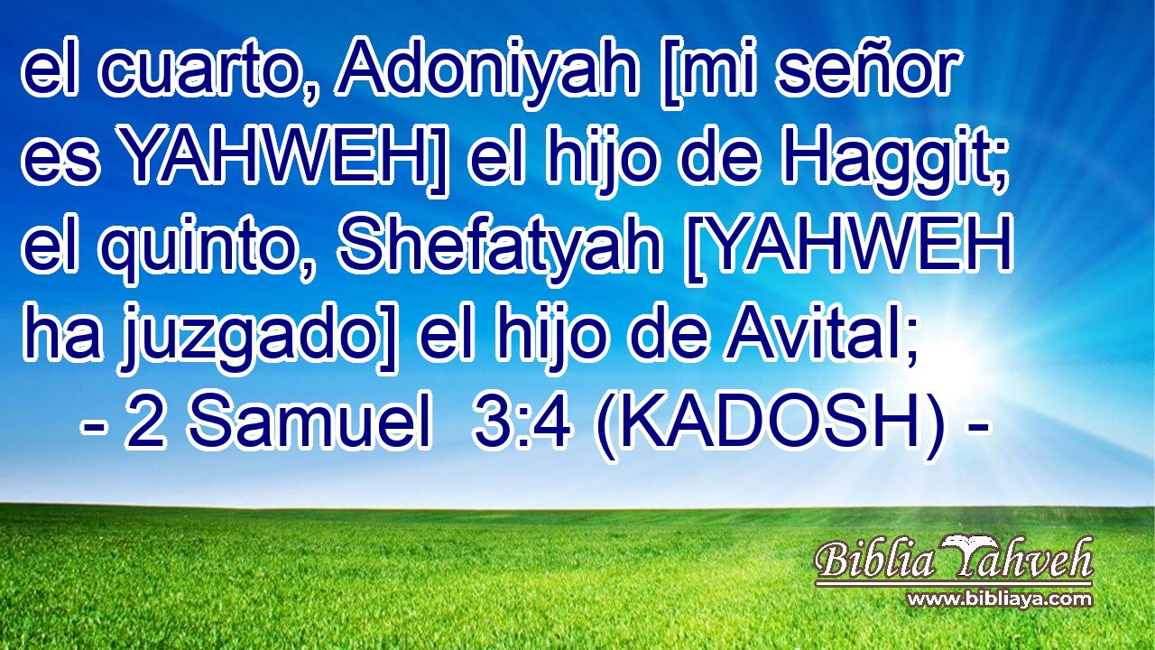  el cuarto, Adoniyah [mi señor es YAHWEH] el hijo de Haggit; el quinto, Shefatyah [YAHWEH ha juzgado] el hijo de Avital; 