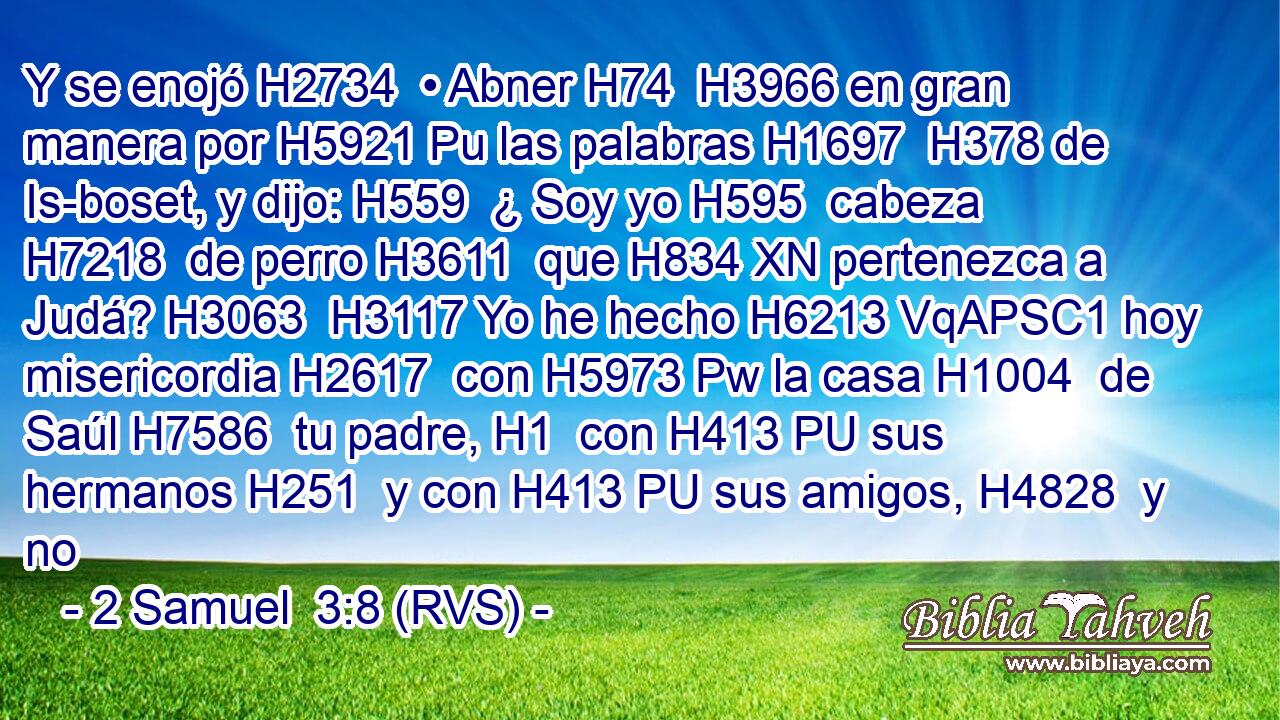 Y se enojó H2734  • Abner H74  H3966 en gran manera por H5921 Pu las palabras H1697  H378 de Is-boset, y dijo: H559  ¿ Soy yo H595  cabeza H7218  de perro H3611  que H834 XN pertenezca a Judá? H3063  H3117 Yo he hecho H6213 VqAPSC1 hoy misericordia H2617  con H5973 Pw la casa H1004  de Saúl H7586  tu padre, H1  con H413 PU sus hermanos H251  y con H413 PU sus amigos, H4828  y no 