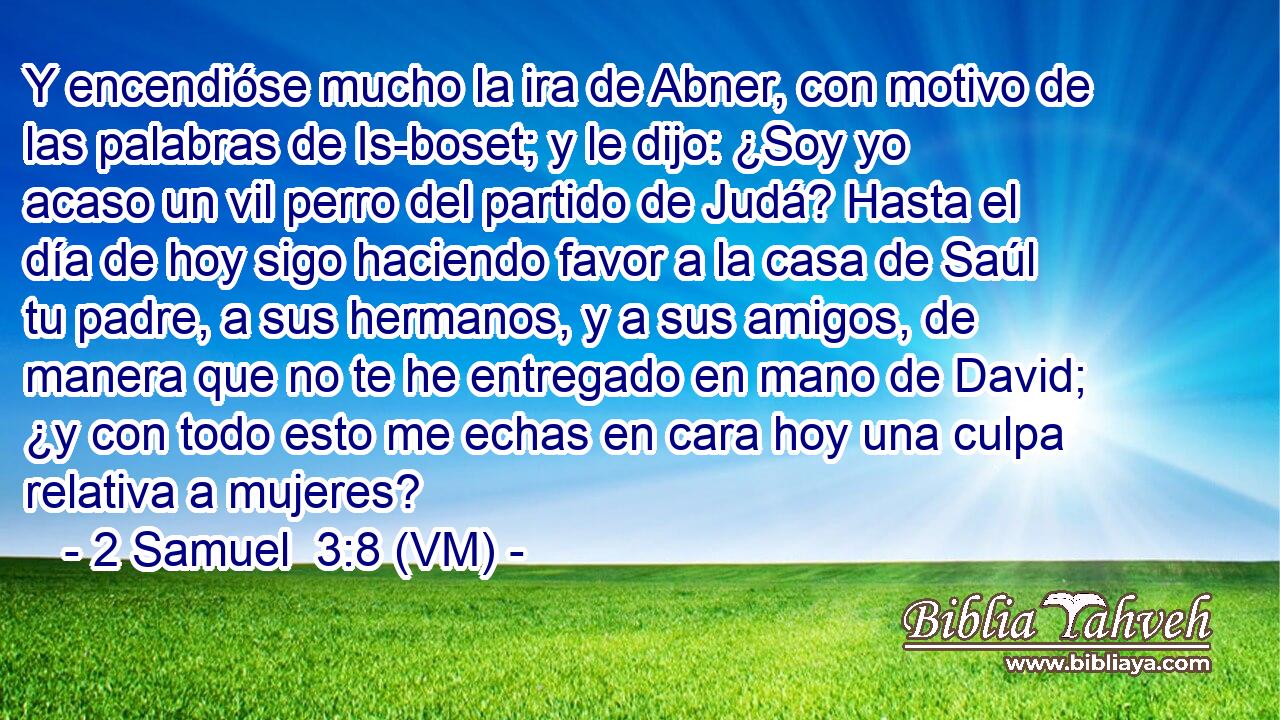  Y encendióse mucho la ira de Abner, con motivo de las palabras de Is-boset; y le dijo: ¿Soy yo acaso un vil perro del partido de Judá? Hasta el día de hoy sigo haciendo favor a la casa de Saúl tu padre, a sus hermanos, y a sus amigos, de manera que no te he entregado en mano de David; ¿y con todo esto me echas en cara hoy una culpa relativa a mujeres? 