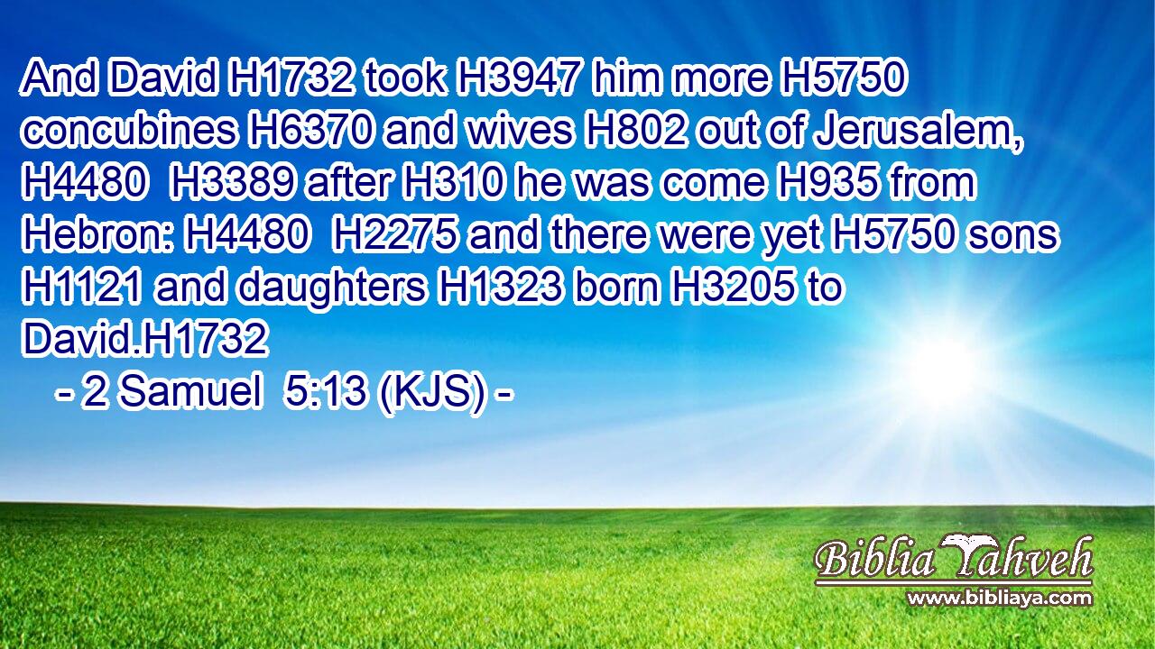 And David H1732 took H3947 him more H5750 concubines H6370 and wives H802 out of Jerusalem, H4480  H3389 after H310 he was come H935 from Hebron: H4480  H2275 and there were yet H5750 sons H1121 and daughters H1323 born H3205 to David.H1732