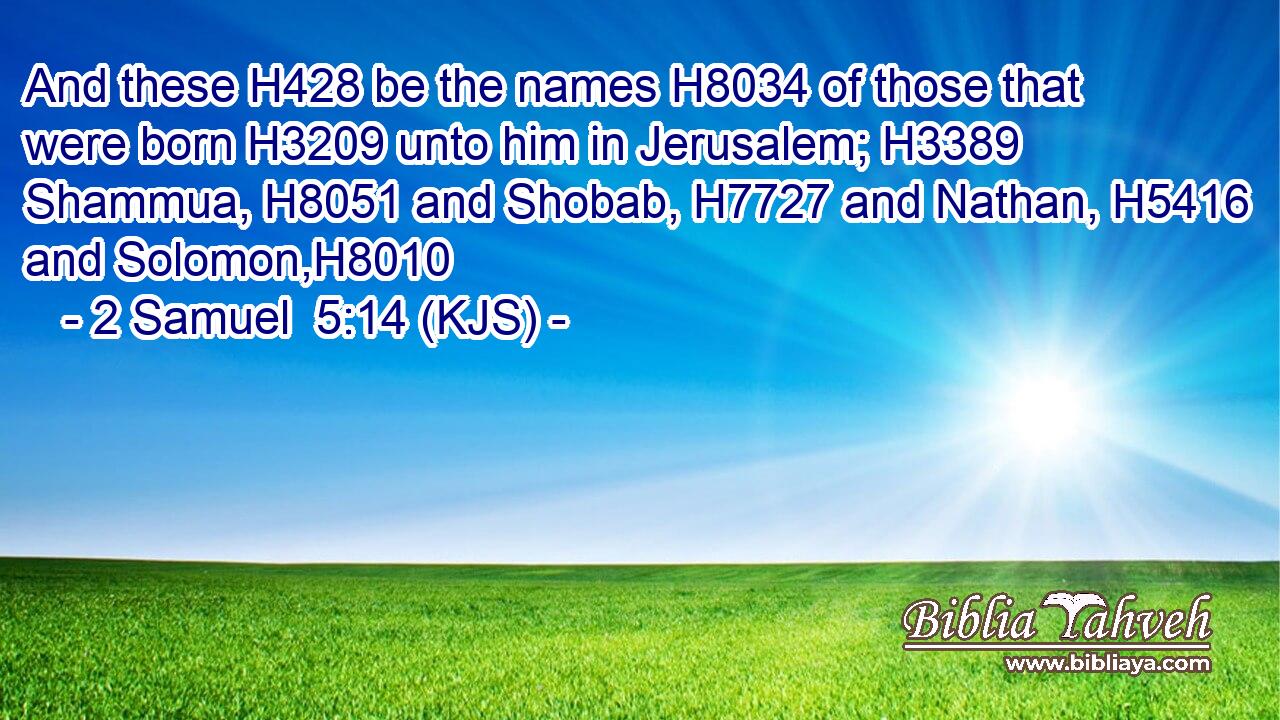 And these H428 be the names H8034 of those that were born H3209 unto him in Jerusalem; H3389 Shammua, H8051 and Shobab, H7727 and Nathan, H5416 and Solomon,H8010