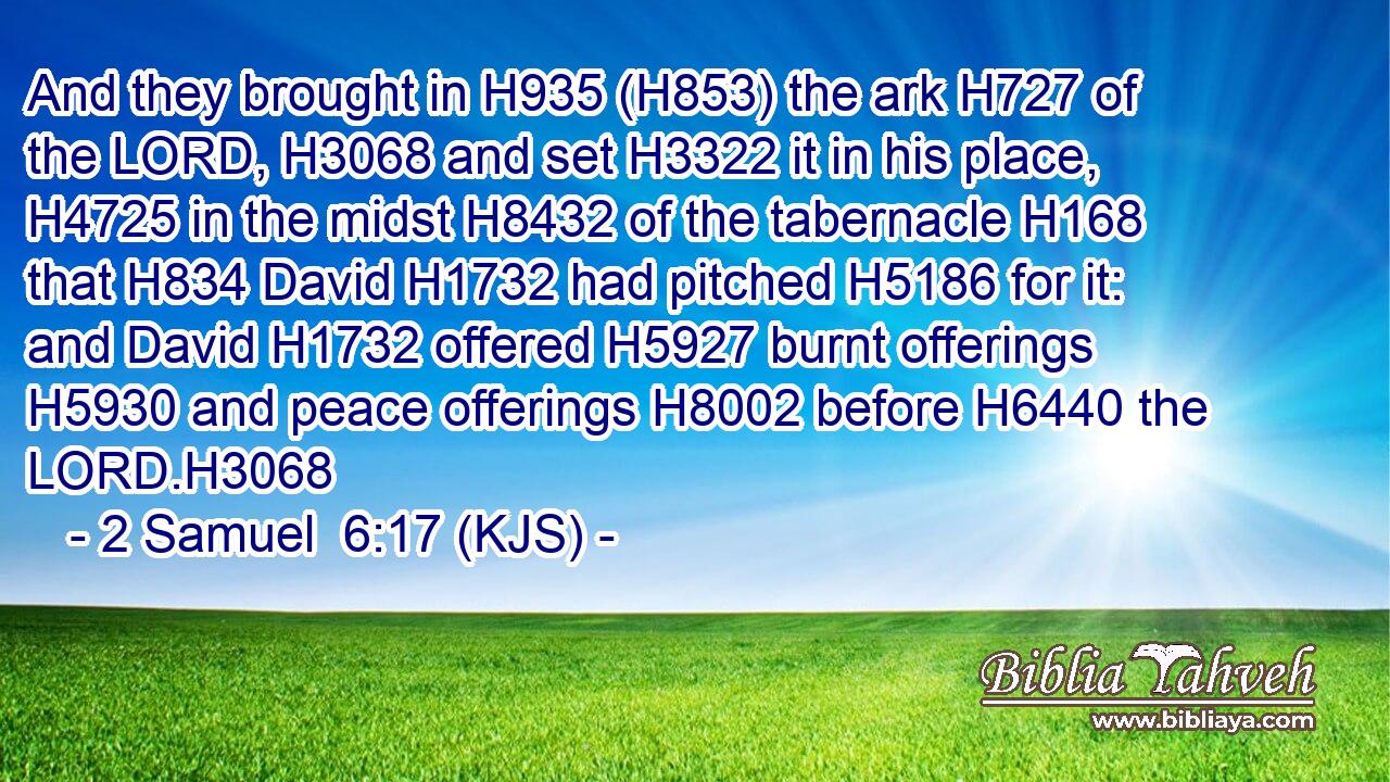 And they brought in H935 (H853) the ark H727 of the LORD, H3068 and set H3322 it in his place, H4725 in the midst H8432 of the tabernacle H168 that H834 David H1732 had pitched H5186 for it: and David H1732 offered H5927 burnt offerings H5930 and peace offerings H8002 before H6440 the LORD.H3068