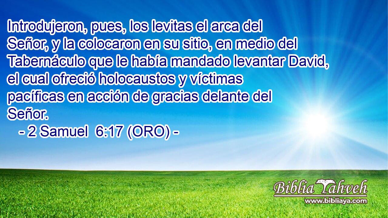 Introdujeron, pues, los levitas el arca del Señor, y la colocaron en su sitio, en medio del Tabernáculo que le había mandado levantar David, el cual ofreció holocaustos y víctimas pacíficas en acción de gracias delante del Señor. 