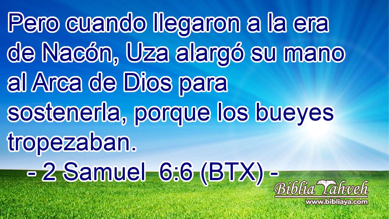 Pero cuando llegaron a la era de Nacón, Uza alargó su mano al Arca de Dios para sostenerla, porque los bueyes tropezaban.