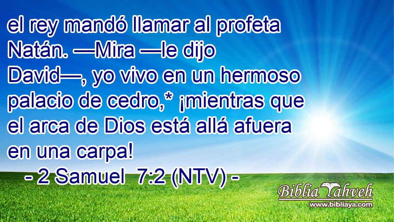 el rey mandó llamar al profeta Natán. —Mira —le dijo David—, yo vivo en un hermoso palacio de cedro,* ¡mientras que el arca de Dios está allá afuera en una carpa!