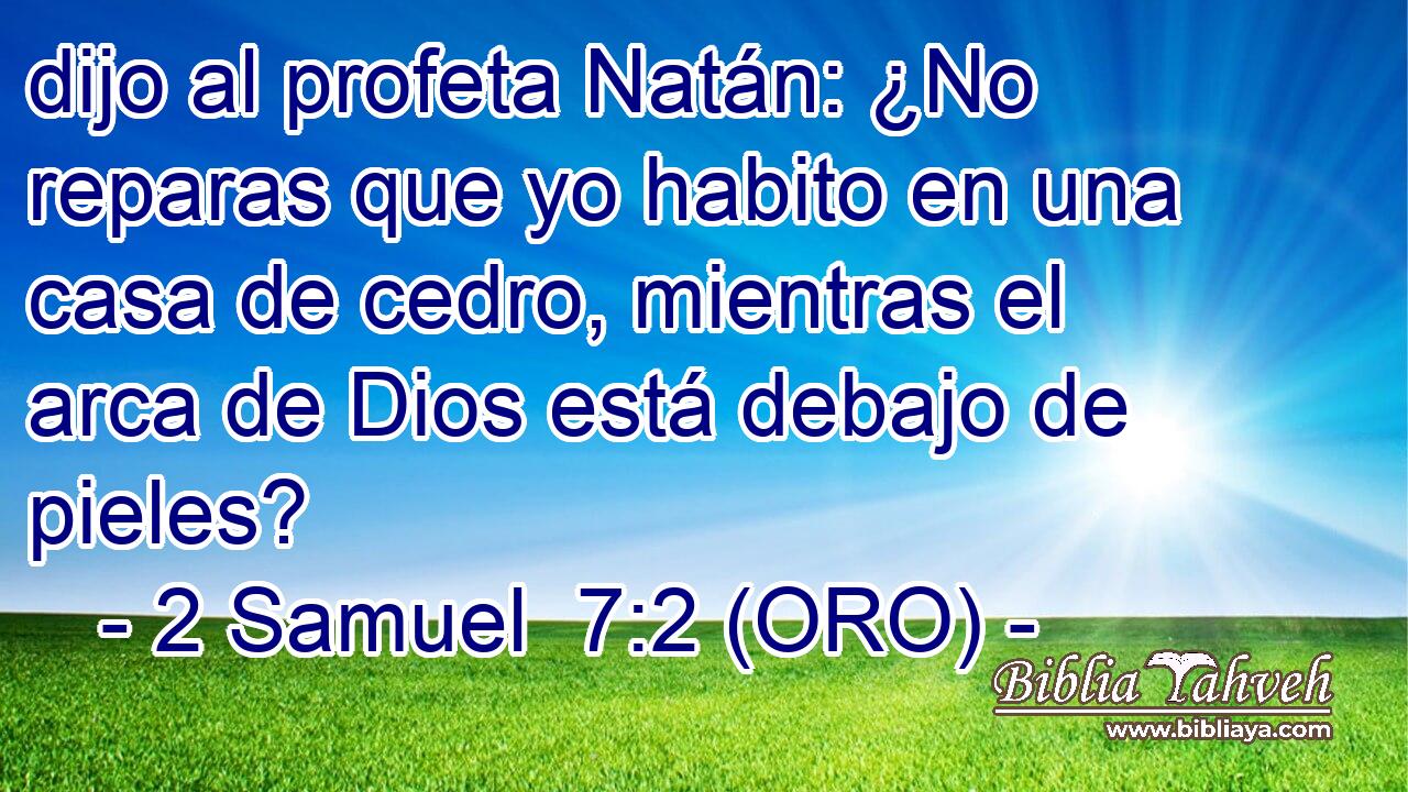  dijo al profeta Natán: ¿No reparas que yo habito en una casa de cedro, mientras el arca de Dios está debajo de pieles? 