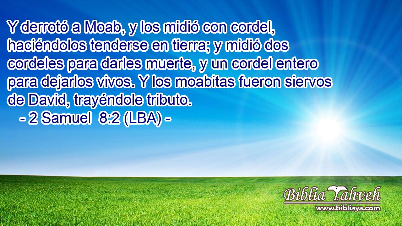 Y derrotó a Moab, y los midió con cordel, haciéndolos tenderse en tierra; y midió dos cordeles para darles muerte, y un cordel entero para dejarlos vivos. Y los moabitas fueron siervos de David, trayéndole tributo.