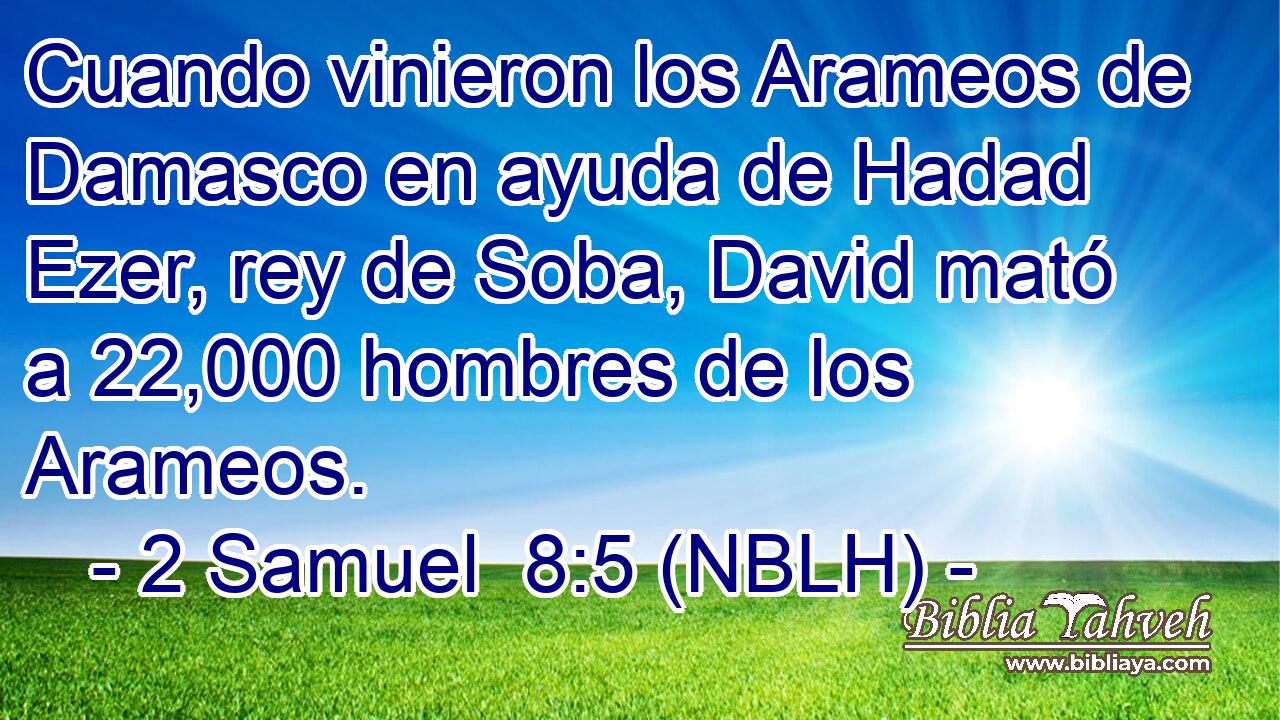  Cuando vinieron los Arameos de Damasco en ayuda de Hadad Ezer, rey de Soba, David mató a 22,000 hombres de los Arameos. 