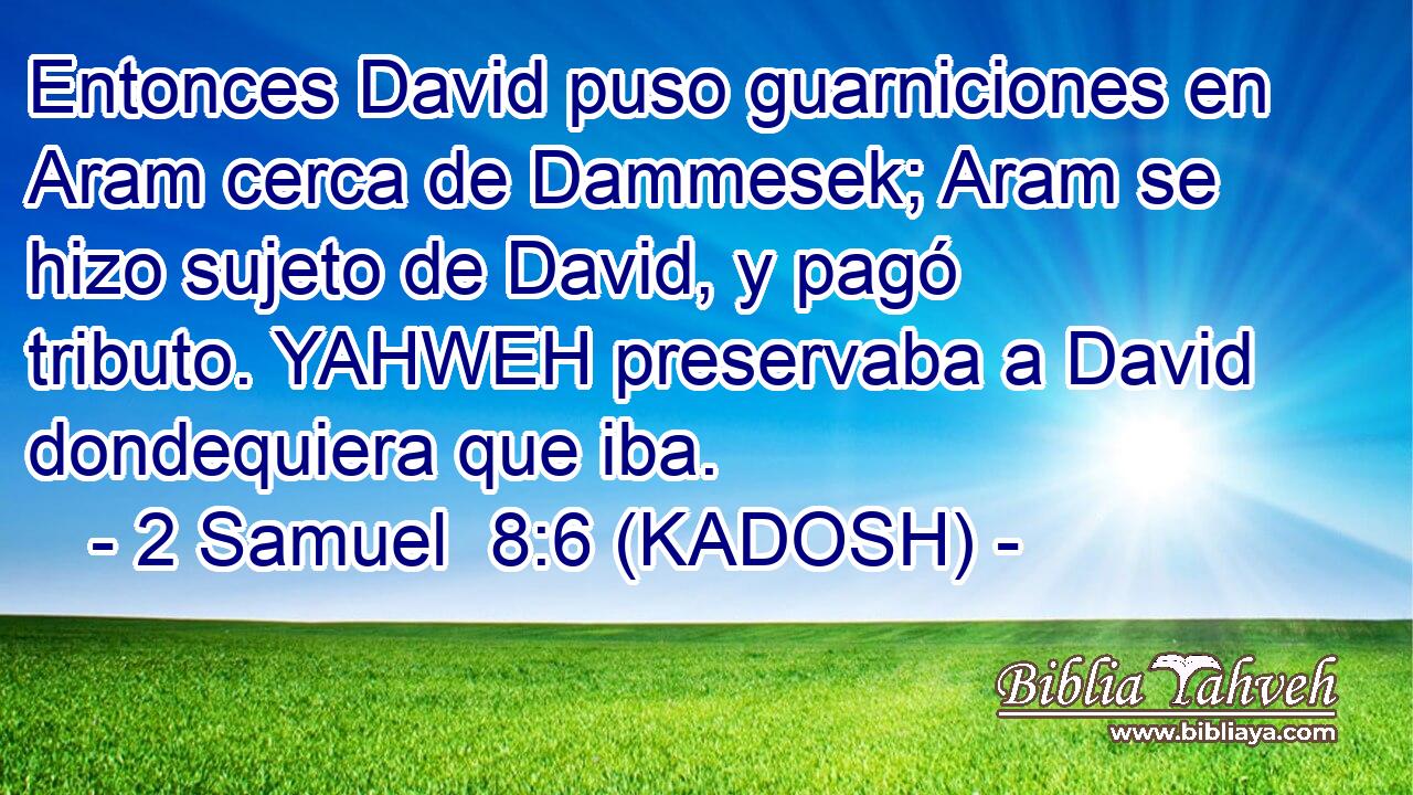  Entonces David puso guarniciones en Aram cerca de Dammesek; Aram se hizo sujeto de David, y pagó tributo. YAHWEH preservaba a David dondequiera que iba. 