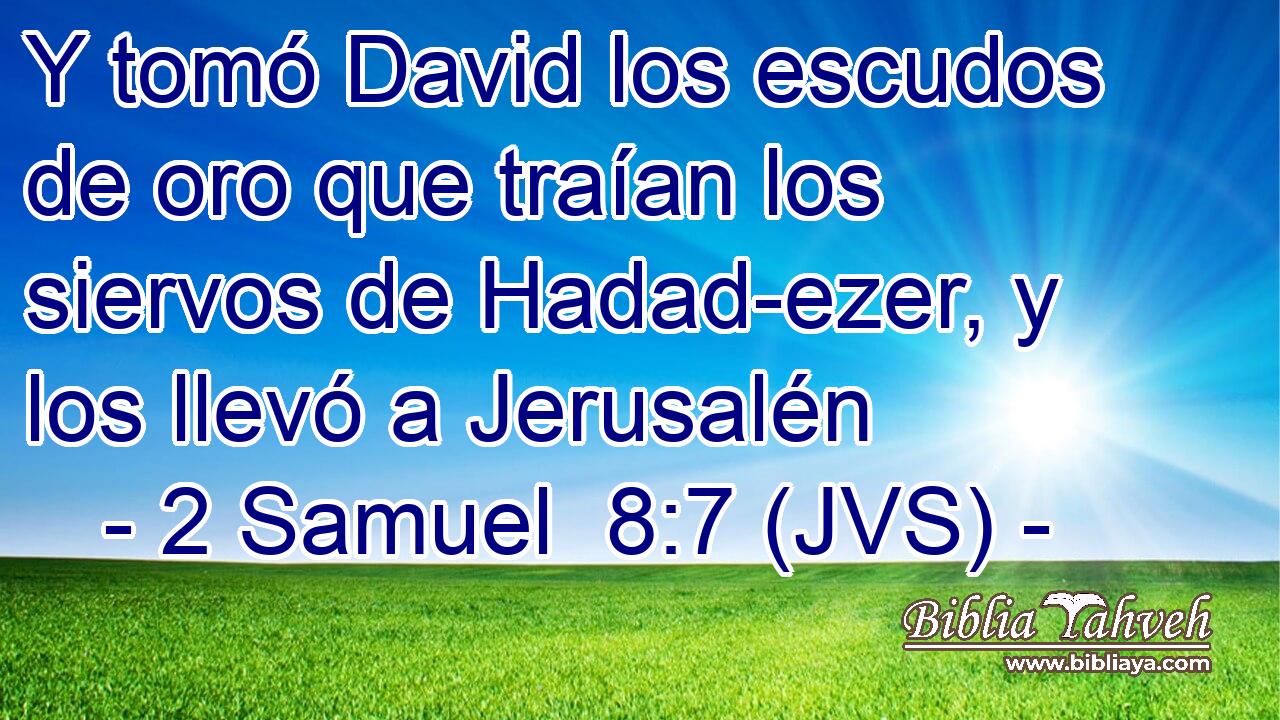 Y tomó David los escudos de oro que traían los siervos de Hadad-ezer, y los llevó a Jerusalén