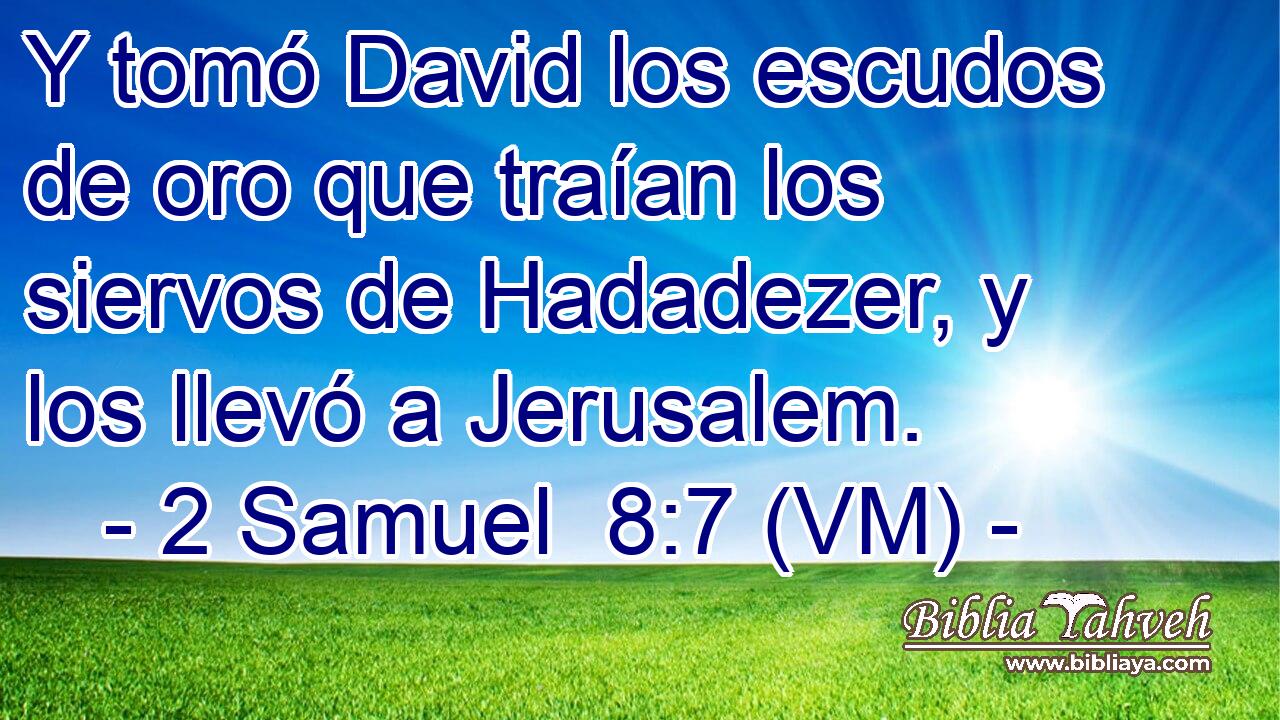  Y tomó David los escudos de oro que traían los siervos de Hadadezer, y los llevó a Jerusalem. 