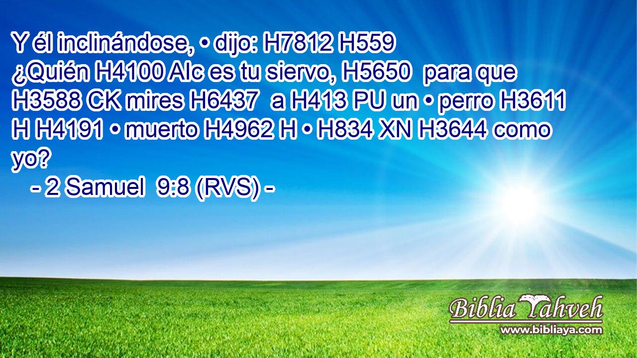 Y él inclinándose, • dijo: H7812 H559  ¿Quién H4100 AIc es tu siervo, H5650  para que H3588 CK mires H6437  a H413 PU un • perro H3611 H H4191 • muerto H4962 H • H834 XN H3644 como yo? 