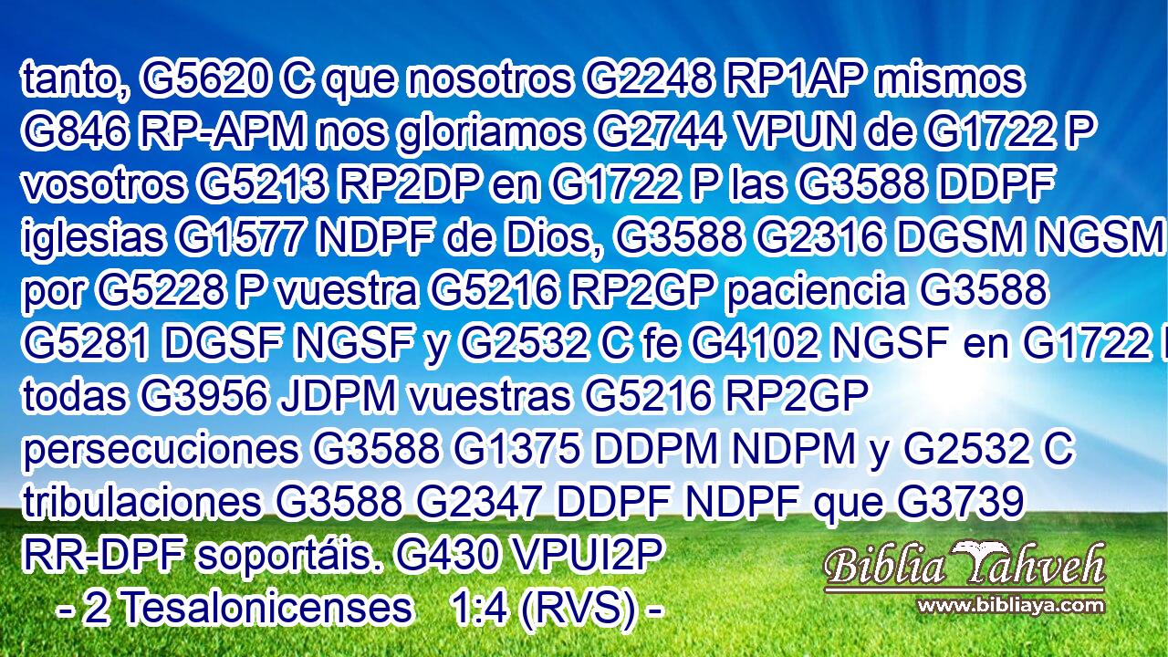 tanto, G5620 C que nosotros G2248 RP1AP mismos G846 RP-APM nos gloriamos G2744 VPUN de G1722 P vosotros G5213 RP2DP en G1722 P las G3588 DDPF iglesias G1577 NDPF de Dios, G3588 G2316 DGSM NGSM por G5228 P vuestra G5216 RP2GP paciencia G3588 G5281 DGSF NGSF y G2532 C fe G4102 NGSF en G1722 P todas G3956 JDPM vuestras G5216 RP2GP persecuciones G3588 G1375 DDPM NDPM y G2532 C tribulaciones G3588 G2347 DDPF NDPF que G3739 RR-DPF soportáis. G430 VPUI2P 