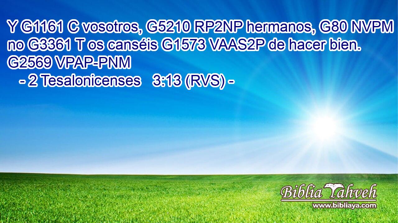 Y G1161 C vosotros, G5210 RP2NP hermanos, G80 NVPM no G3361 T os canséis G1573 VAAS2P de hacer bien. G2569 VPAP-PNM 