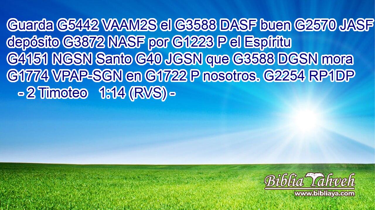 Guarda G5442 VAAM2S el G3588 DASF buen G2570 JASF depósito G3872 NASF por G1223 P el Espíritu G4151 NGSN Santo G40 JGSN que G3588 DGSN mora G1774 VPAP-SGN en G1722 P nosotros. G2254 RP1DP 