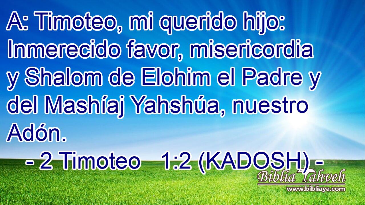  A: Timoteo, mi querido hijo: Inmerecido favor, misericordia y Shalom de Elohim el Padre y del Mashíaj Yahshúa, nuestro Adón. 