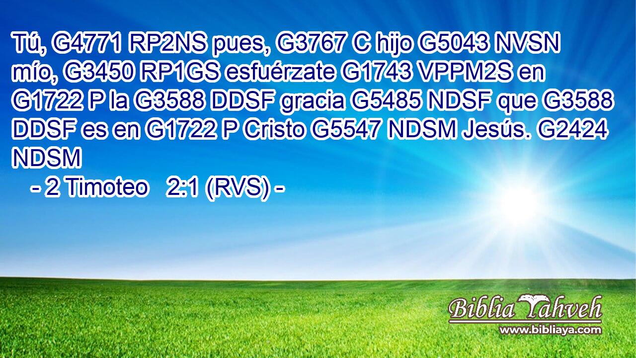 Tú, G4771 RP2NS pues, G3767 C hijo G5043 NVSN mío, G3450 RP1GS esfuérzate G1743 VPPM2S en G1722 P la G3588 DDSF gracia G5485 NDSF que G3588 DDSF es en G1722 P Cristo G5547 NDSM Jesús. G2424 NDSM 