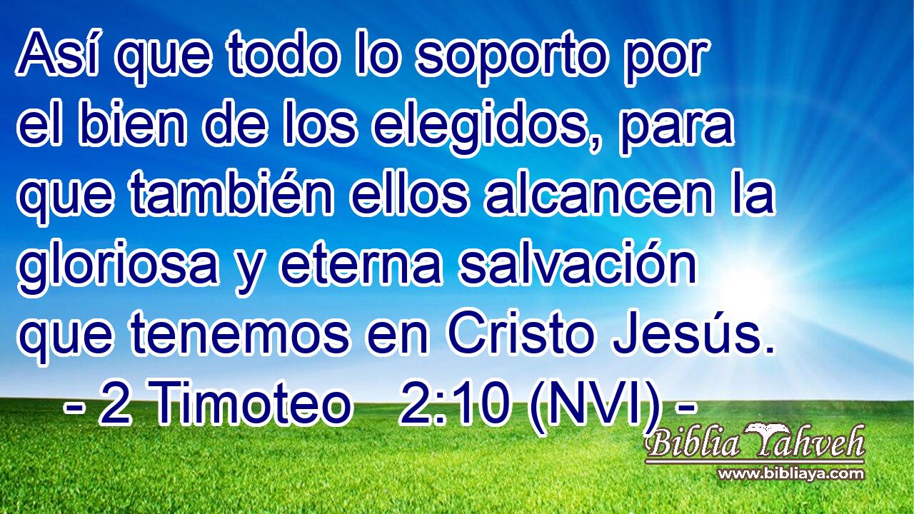  Así que todo lo soporto por el bien de los elegidos, para que también ellos alcancen la gloriosa y eterna salvación que tenemos en Cristo Jesús. 