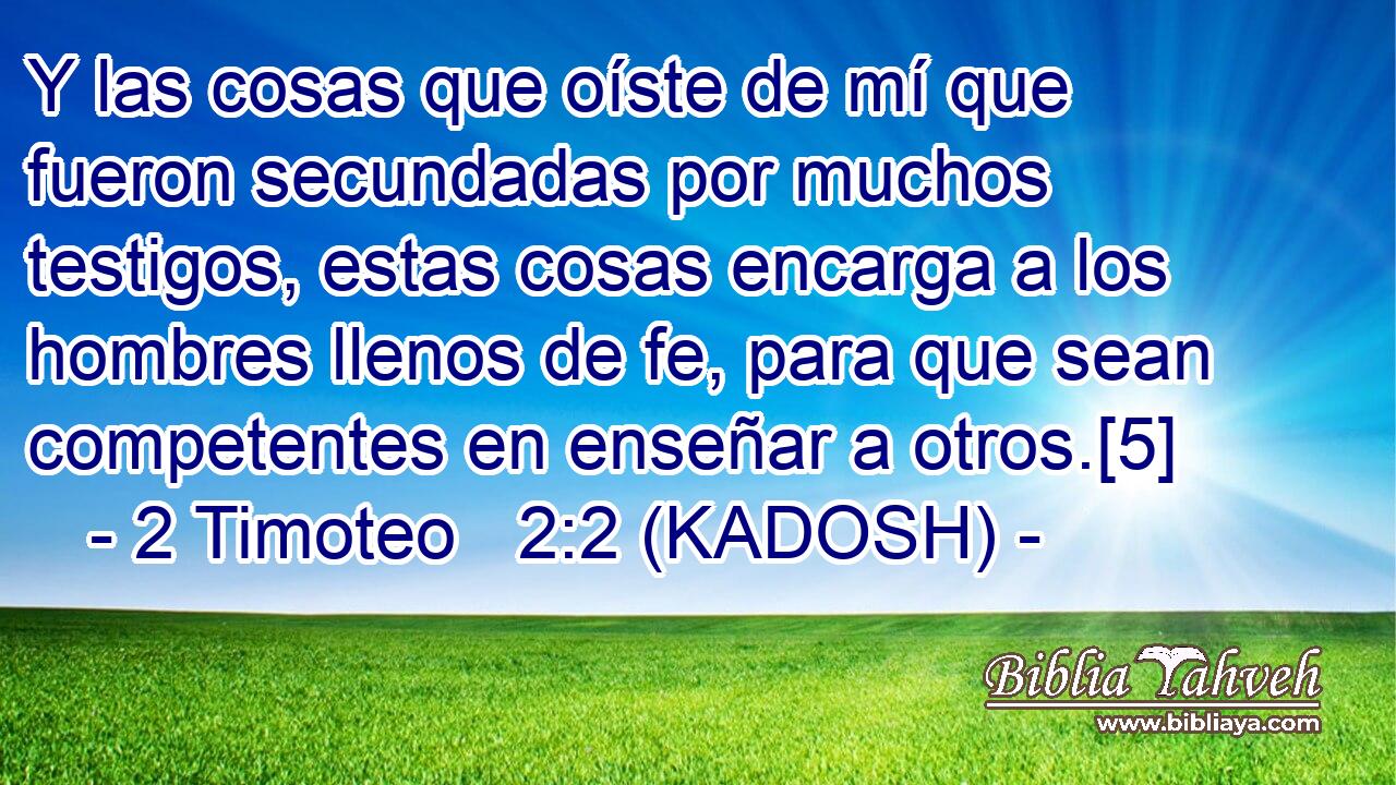  Y las cosas que oíste de mí que fueron secundadas por muchos testigos, estas cosas encarga a los hombres llenos de fe, para que sean competentes en enseñar a otros.[5] 