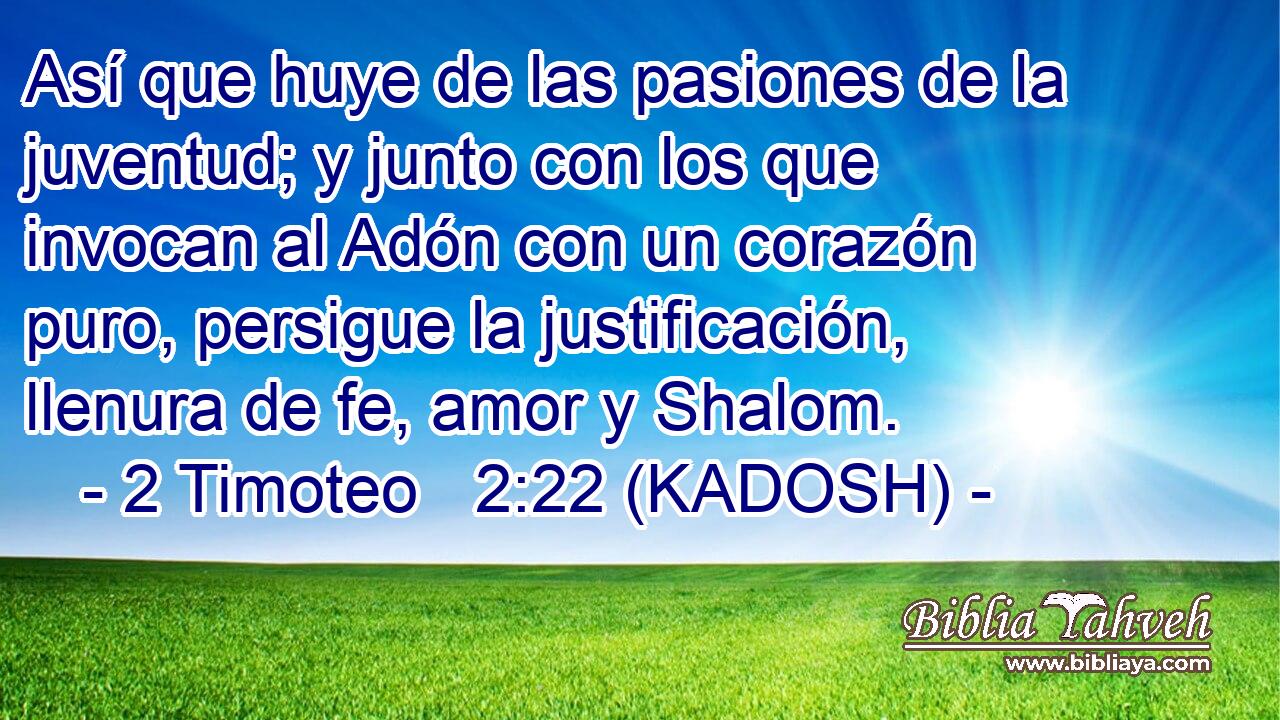  Así que huye de las pasiones de la juventud; y junto con los que invocan al Adón con un corazón puro, persigue la justificación, llenura de fe, amor y Shalom. 