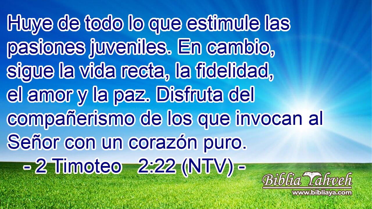 Huye de todo lo que estimule las pasiones juveniles. En cambio, sigue la vida recta, la fidelidad, el amor y la paz. Disfruta del compañerismo de los que invocan al Señor con un corazón puro.