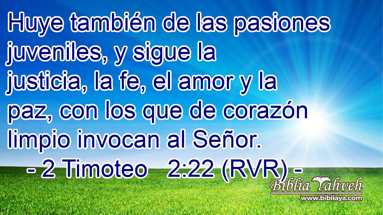Huye también de las pasiones juveniles, y sigue la justicia, la fe, el amor y la paz, con los que de corazón limpio invocan al Señor.
