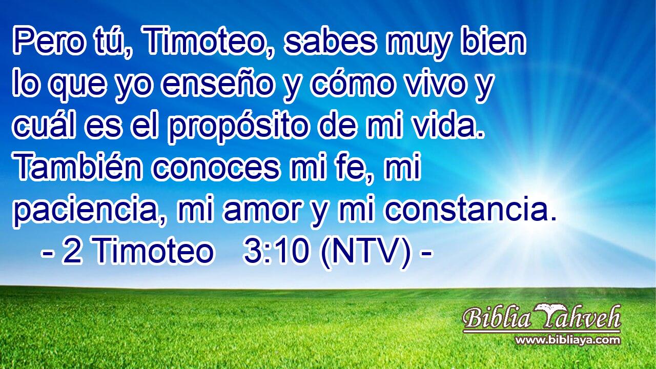 Pero tú, Timoteo, sabes muy bien lo que yo enseño y cómo vivo y cuál es el propósito de mi vida. También conoces mi fe, mi paciencia, mi amor y mi constancia.