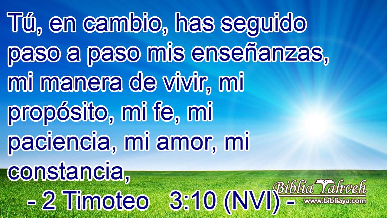  Tú, en cambio, has seguido paso a paso mis enseñanzas, mi manera de vivir, mi propósito, mi fe, mi paciencia, mi amor, mi constancia, 
