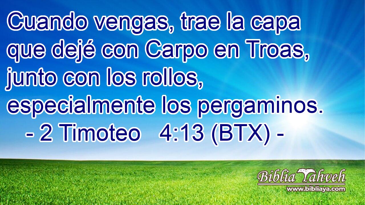 Cuando vengas, trae la capa que dejé con Carpo en Troas, junto con los rollos, especialmente los pergaminos.