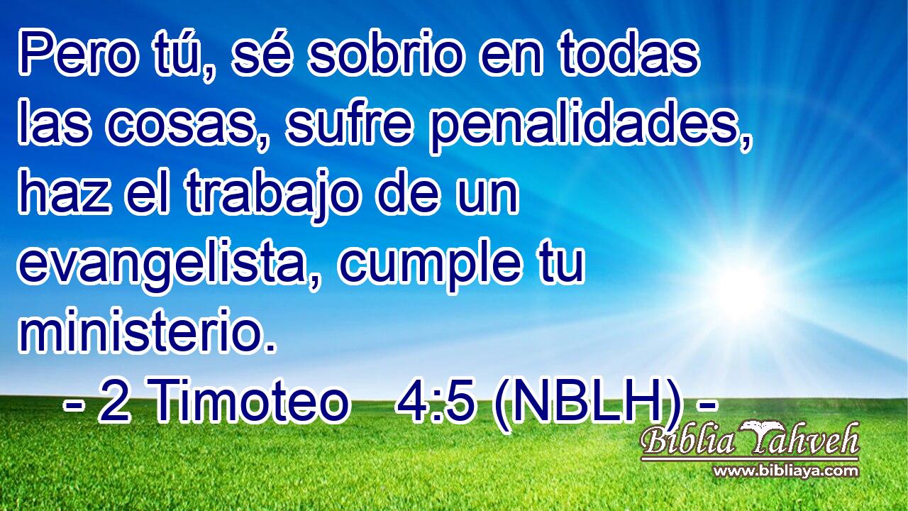  Pero tú, sé sobrio en todas las cosas, sufre penalidades, haz el trabajo de un evangelista, cumple tu ministerio. 