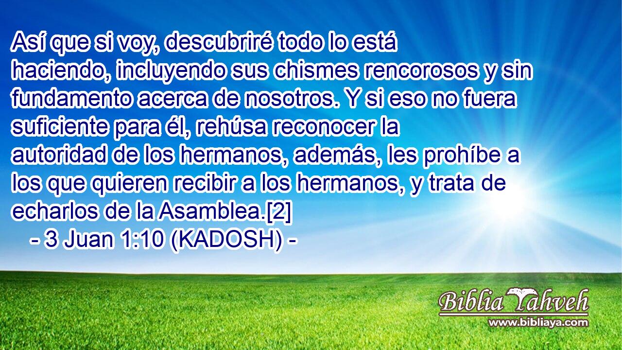  Así que si voy, descubriré todo lo está haciendo, incluyendo sus chismes rencorosos y sin fundamento acerca de nosotros. Y si eso no fuera suficiente para él, rehúsa reconocer la autoridad de los hermanos, además, les prohíbe a los que quieren recibir a los hermanos, y trata de echarlos de la Asamblea.[2] 