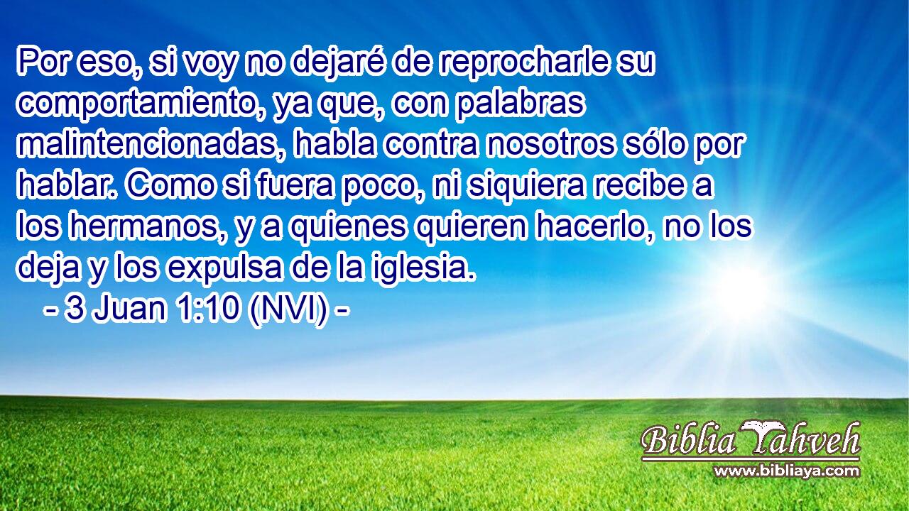  Por eso, si voy no dejaré de reprocharle su comportamiento, ya que, con palabras malintencionadas, habla contra nosotros sólo por hablar. Como si fuera poco, ni siquiera recibe a los hermanos, y a quienes quieren hacerlo, no los deja y los expulsa de la iglesia. 