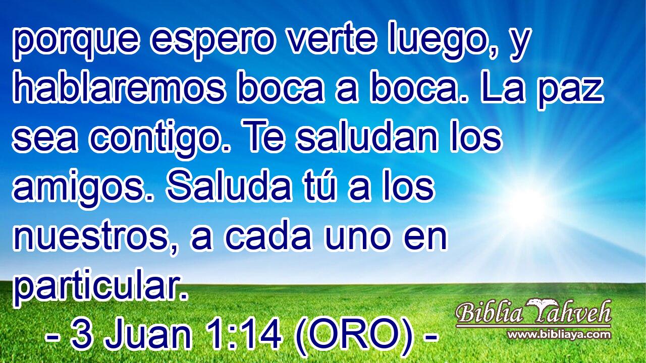  porque espero verte luego, y hablaremos boca a boca. La paz sea contigo. Te saludan los amigos. Saluda tú a los nuestros, a cada uno en particular. 