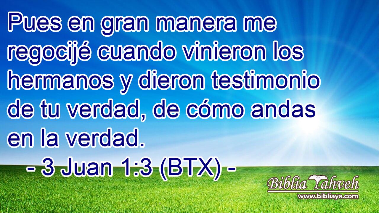 Pues en gran manera me regocijé cuando vinieron los hermanos y dieron testimonio de tu verdad, de cómo andas en la verdad.