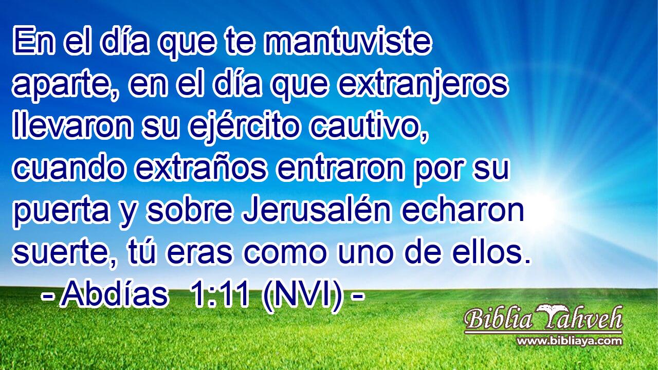  En el día que te mantuviste aparte, en el día que extranjeros llevaron su ejército cautivo, cuando extraños entraron por su puerta y sobre Jerusalén echaron suerte, tú eras como uno de ellos. 