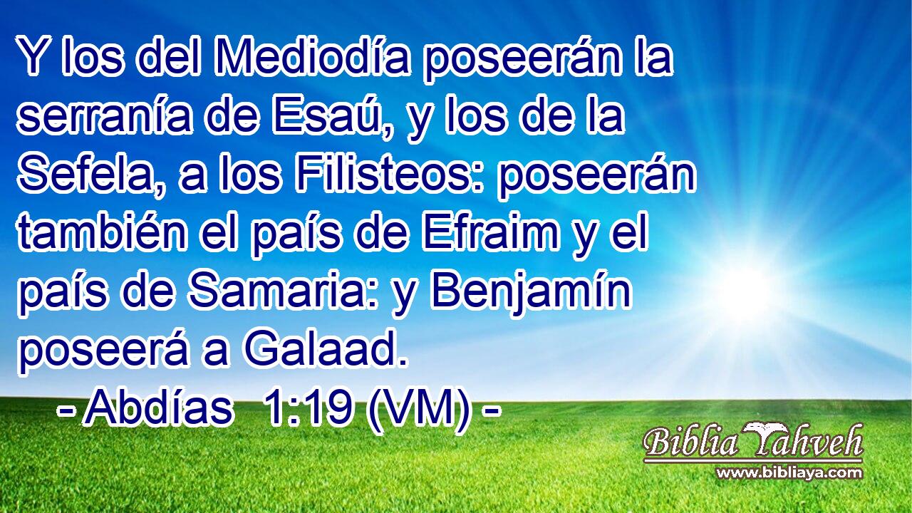  Y los del Mediodía poseerán la serranía de Esaú, y los de la Sefela, a los Filisteos: poseerán también el país de Efraim y el país de Samaria: y Benjamín poseerá a Galaad. 