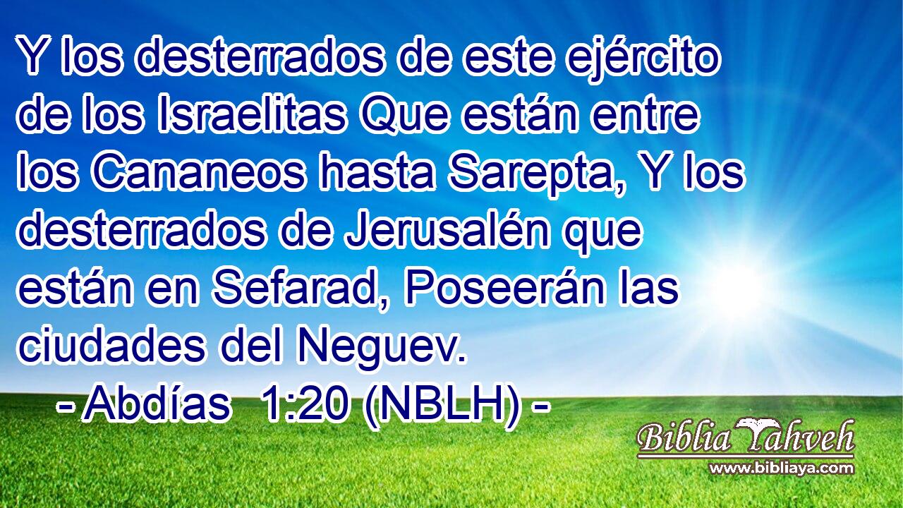  Y los desterrados de este ejército de los Israelitas Que están entre los Cananeos hasta Sarepta, Y los desterrados de Jerusalén que están en Sefarad, Poseerán las ciudades del Neguev. 