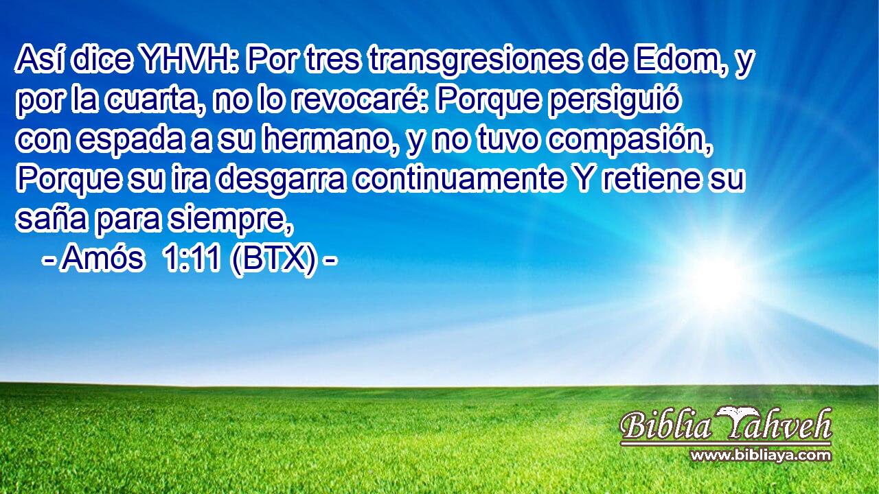 Así dice YHVH: Por tres transgresiones de Edom, y por la cuarta, no lo revocaré: Porque persiguió con espada a su hermano, y no tuvo compasión, Porque su ira desgarra continuamente Y retiene su saña para siempre,