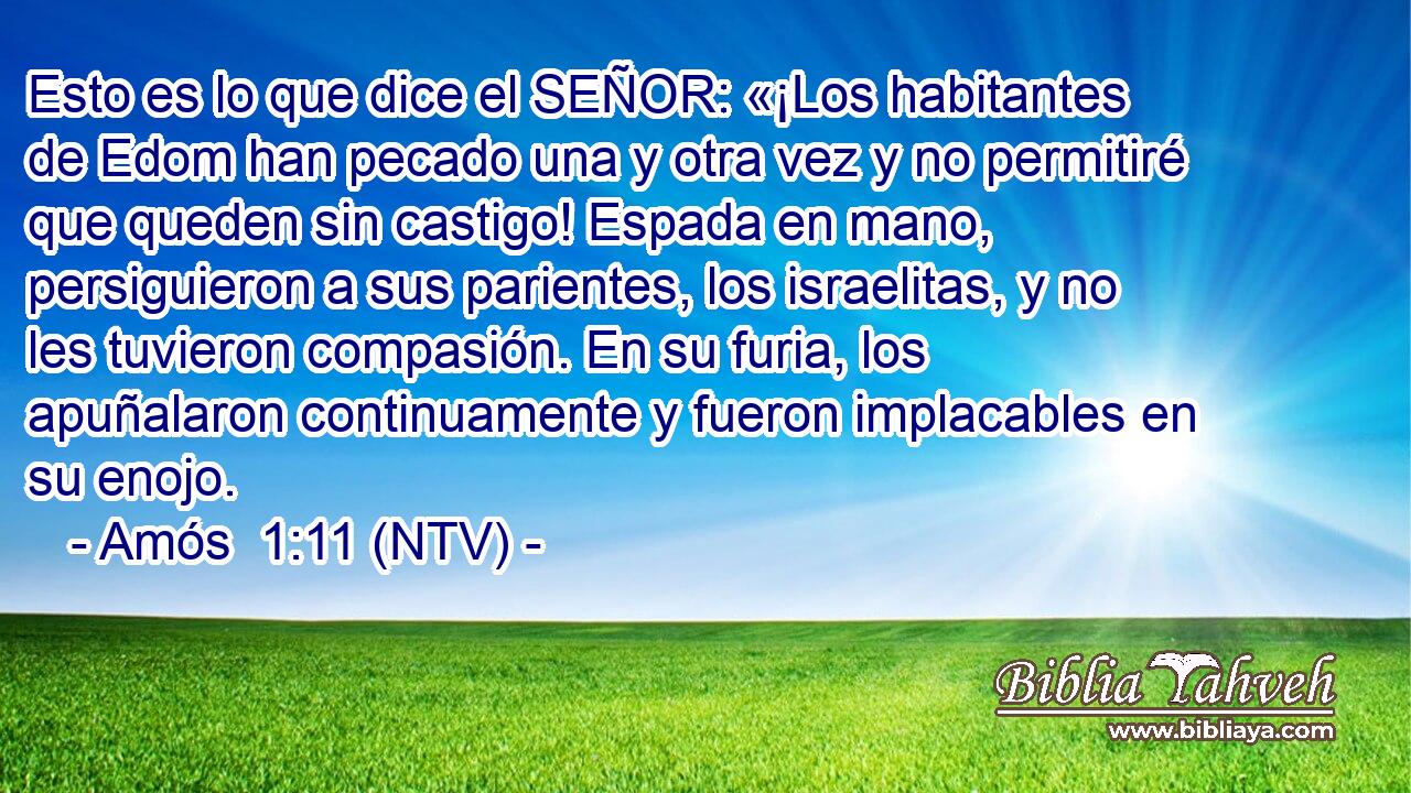 Esto es lo que dice el SEÑOR: «¡Los habitantes de Edom han pecado una y otra vez y no permitiré que queden sin castigo! Espada en mano, persiguieron a sus parientes, los israelitas, y no les tuvieron compasión. En su furia, los apuñalaron continuamente y fueron implacables en su enojo.