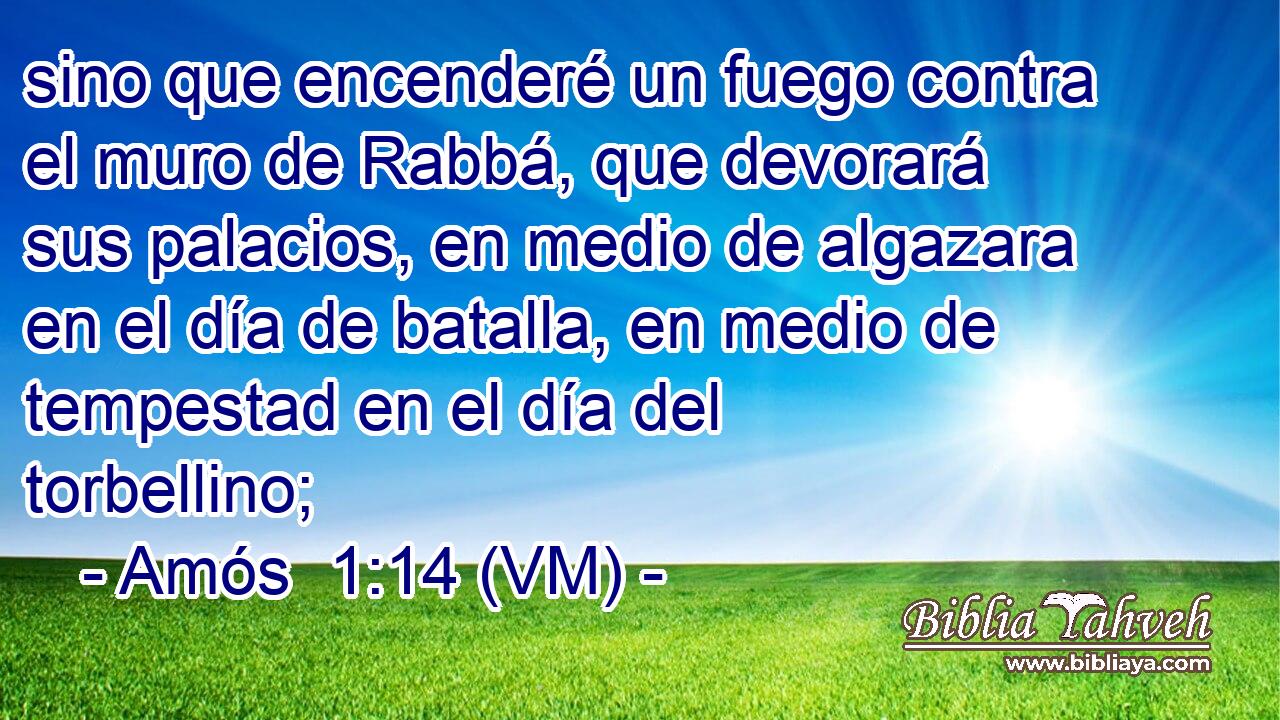  sino que encenderé un fuego contra el muro de Rabbá, que devorará sus palacios, en medio de algazara en el día de batalla, en medio de tempestad en el día del torbellino; 