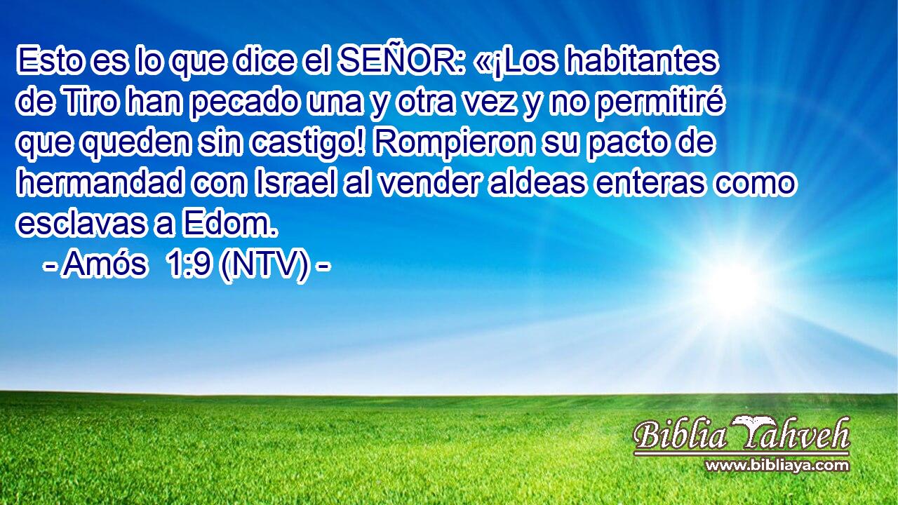 Esto es lo que dice el SEÑOR: «¡Los habitantes de Tiro han pecado una y otra vez y no permitiré que queden sin castigo! Rompieron su pacto de hermandad con Israel al vender aldeas enteras como esclavas a Edom.