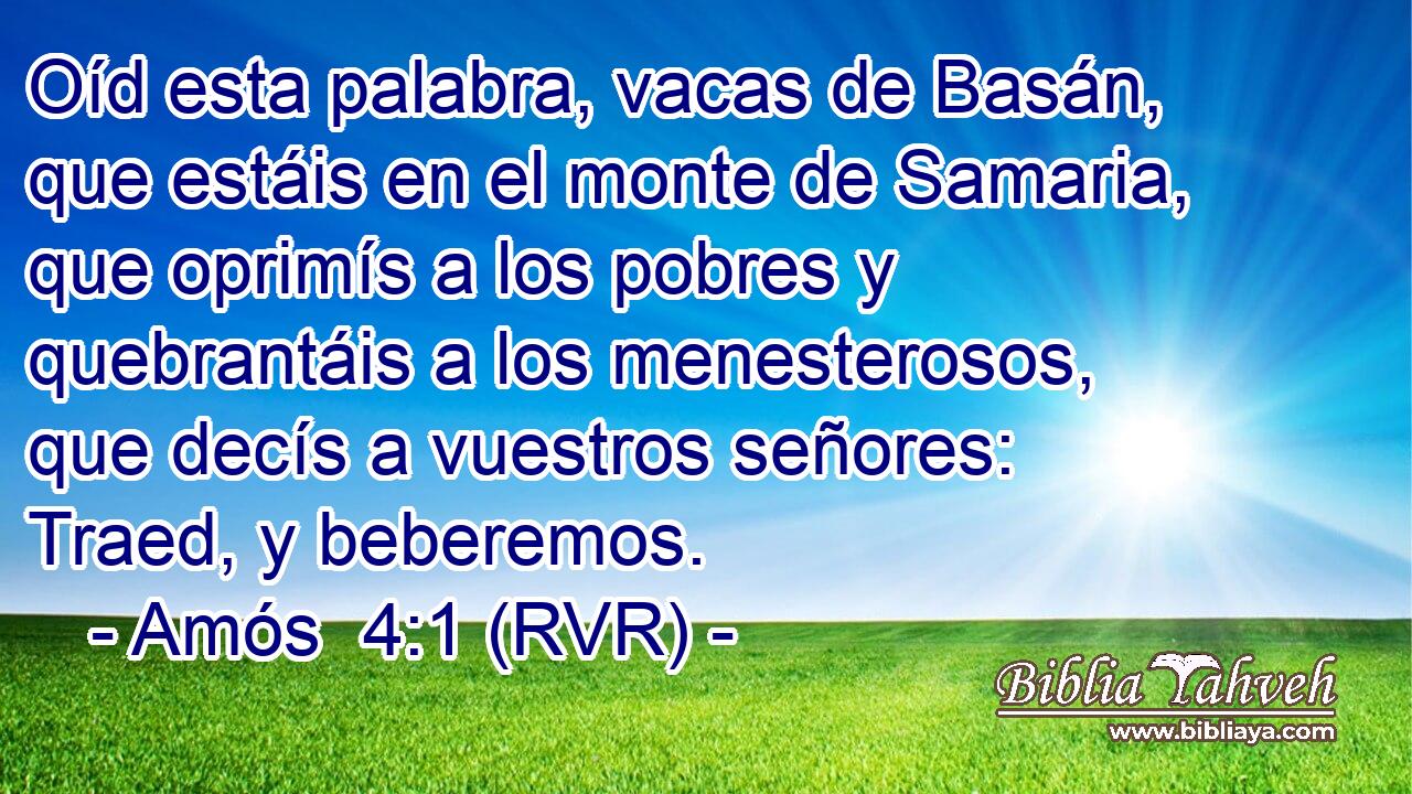 Oíd esta palabra, vacas de Basán, que estáis en el monte de Samaria, que oprimís a los pobres y quebrantáis a los menesterosos, que decís a vuestros señores: Traed, y beberemos.