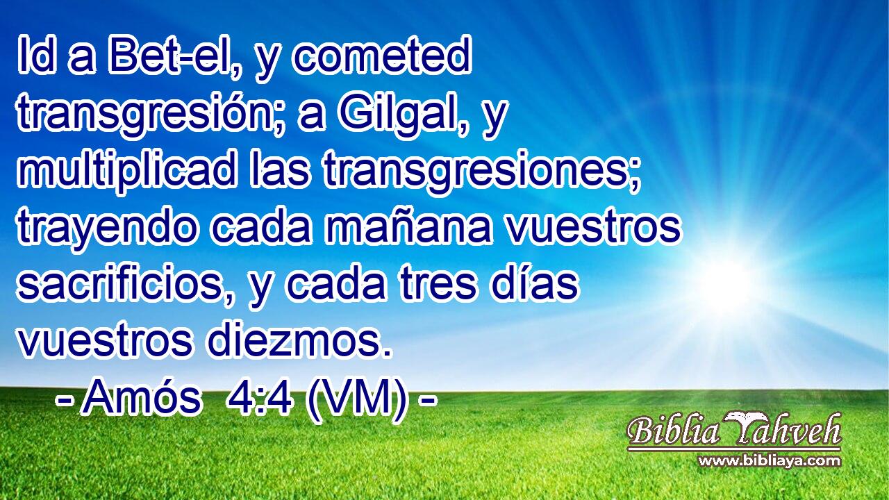  Id a Bet-el, y cometed transgresión; a Gilgal, y multiplicad las transgresiones; trayendo cada mañana vuestros sacrificios, y cada tres días vuestros diezmos. 