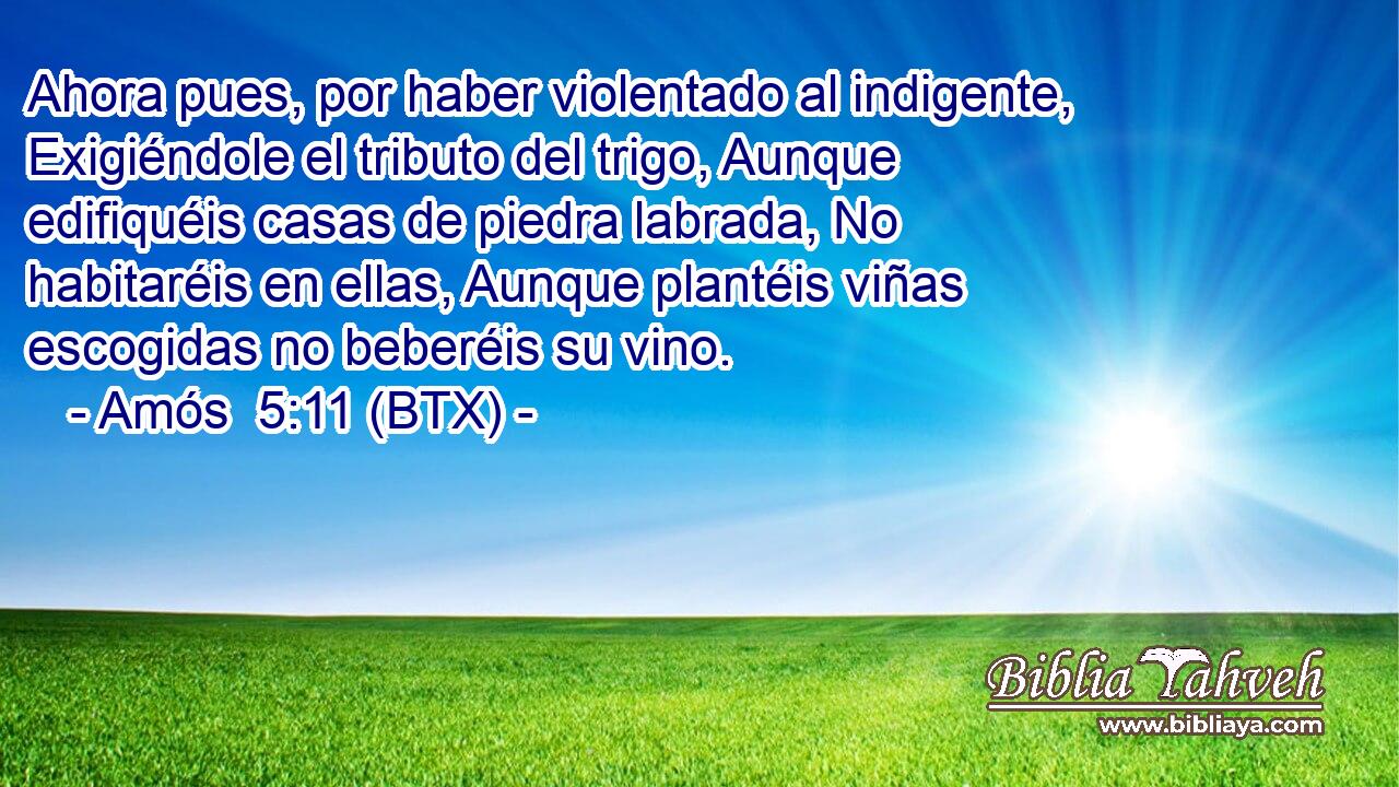 Ahora pues, por haber violentado al indigente, Exigiéndole el tributo del trigo, Aunque edifiquéis casas de piedra labrada, No habitaréis en ellas, Aunque plantéis viñas escogidas no beberéis su vino.