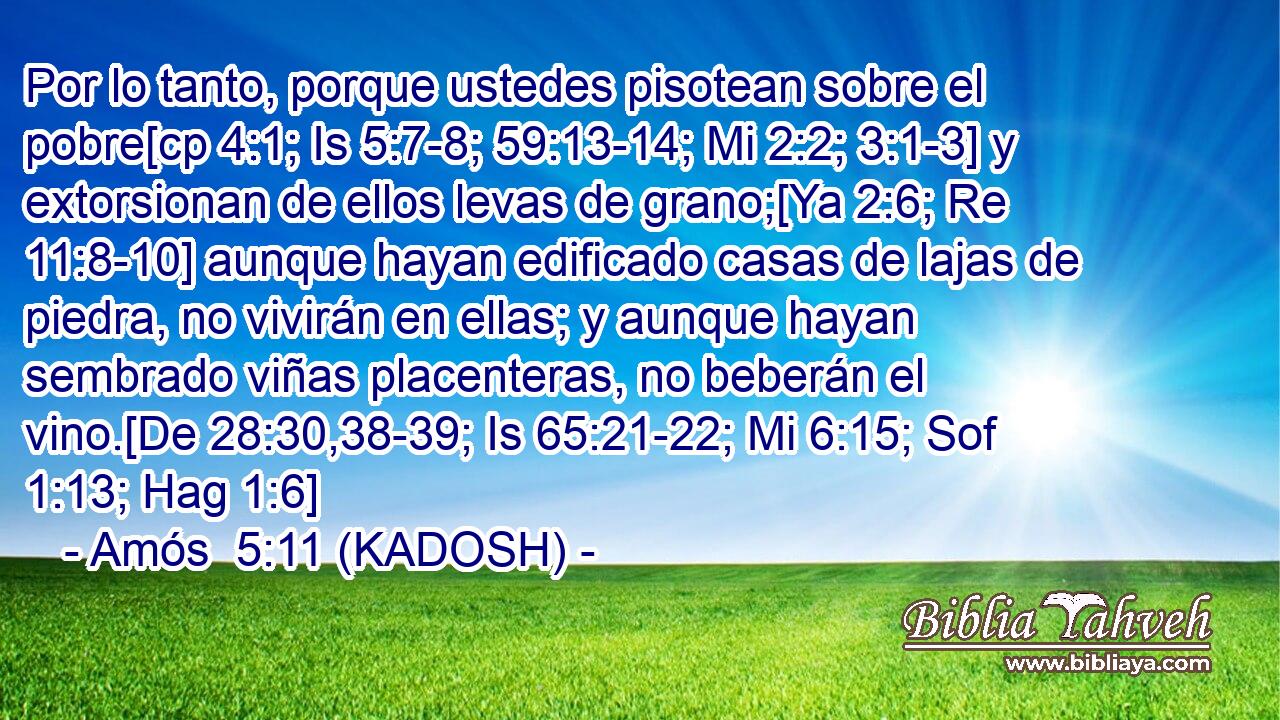  Por lo tanto, porque ustedes pisotean sobre el pobre[cp 4:1; Is 5:7-8; 59:13-14; Mi 2:2; 3:1-3] y extorsionan de ellos levas de grano;[Ya 2:6; Re 11:8-10] aunque hayan edificado casas de lajas de piedra, no vivirán en ellas; y aunque hayan sembrado viñas placenteras, no beberán el vino.[De 28:30,38-39; Is 65:21-22; Mi 6:15; Sof 1:13; Hag 1:6] 